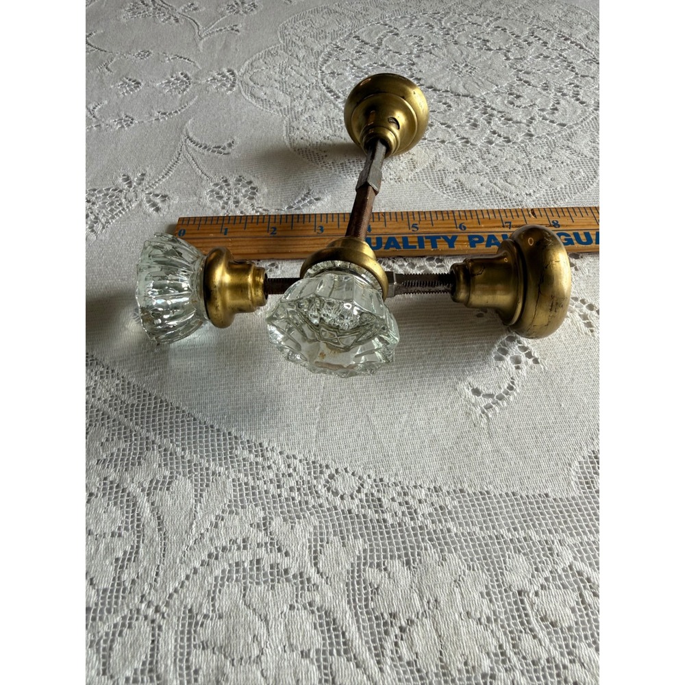Vintage Antique Clear Fluted Glass Door Knob Set Brass Hardware Spindle Rosettes